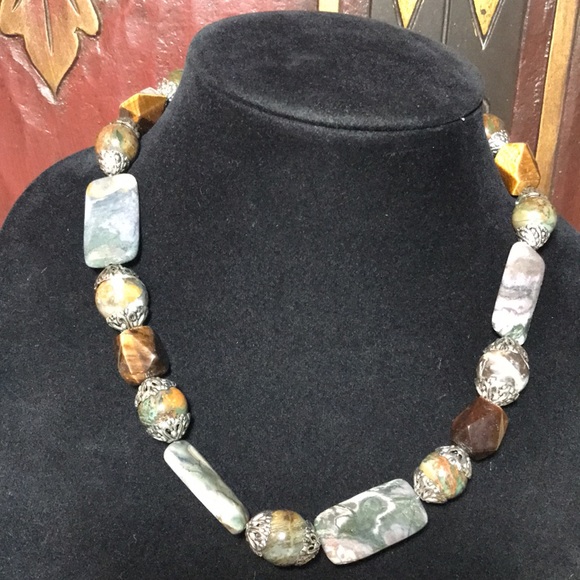 Semiprecious Jasper Tigers Eye Stone 19”L Necklace Toggle Clasp Handmade EVC - Picture 3 of 11